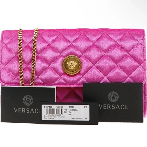 Versace La Medusa Chain crossbody velvet quilted fuchsia clutch NWT! - Picture 4 of 7